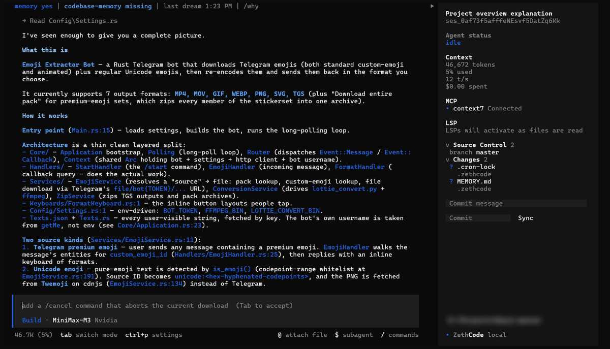 ZethRise's tweet photo. بعد از اتمام اولین تسک توی یک پروژه  ZethCode یک فایل MEMORY.md در دایرکتوری میسازه و توش یافته ها رو لیست میکنه، از اونموقع به بعد هر سشنی توی اون پروژه باز کنید مموریش همزمان باهاش لود میشه و نیازی به کوئری زدن نداره! https://t.co/vPdwHW5cCt