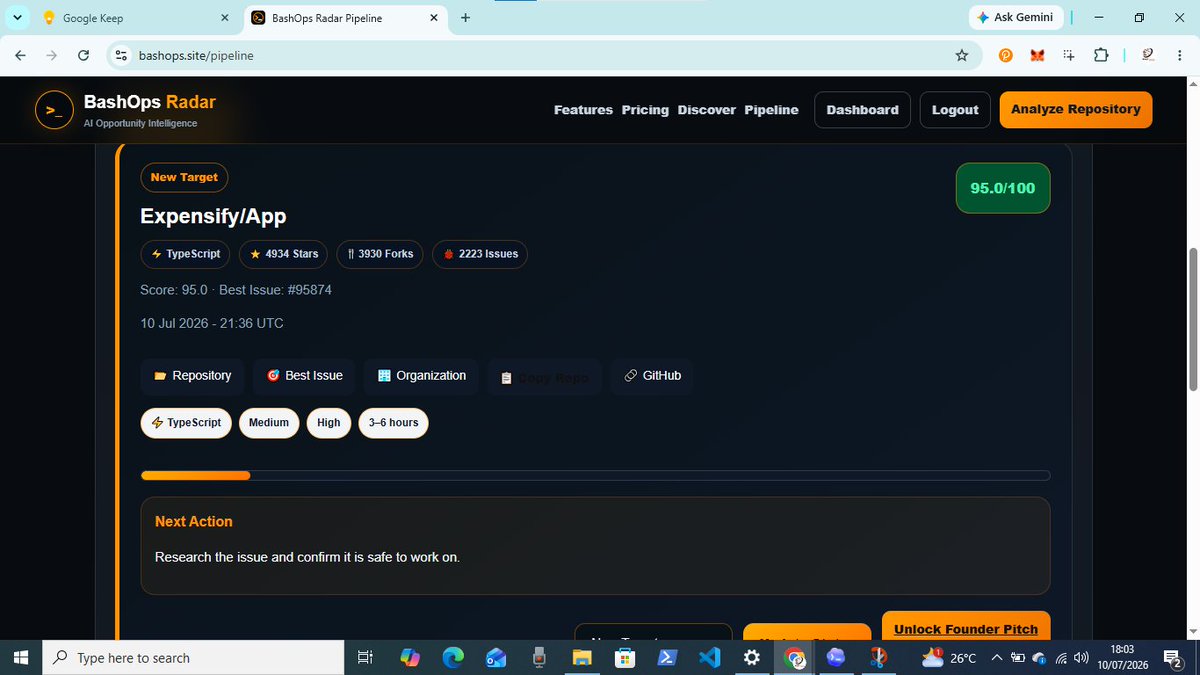 bashops_dev's tweet photo. Instead of asking ChatGPT,

"What GitHub repo should I contribute to?"

I built a tool that analyzes repositories before I spend hours writing code.

It now explains why a repo is worth contributing to, not just a random score.

Try it:

https://t.co/dhBGW5VJHt https://t.co/qTFoU4IZKB
