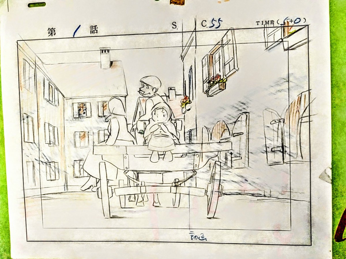 sim_kyrm's tweet photo. 夜中に、所持しているアニメの有名な方の描いた直筆の絵を何枚か出したら途端にフォロアーが減ったので削除したのですが、しばしば馬車を描く時にお約束があることを思い出しました。ポジティブキャンバーとでもいうのか、昔は馬車の車輪をこんな風に逆ハの字に歪ませるのがお約束になっていました。 https://t.co/cc0T2xzRGz