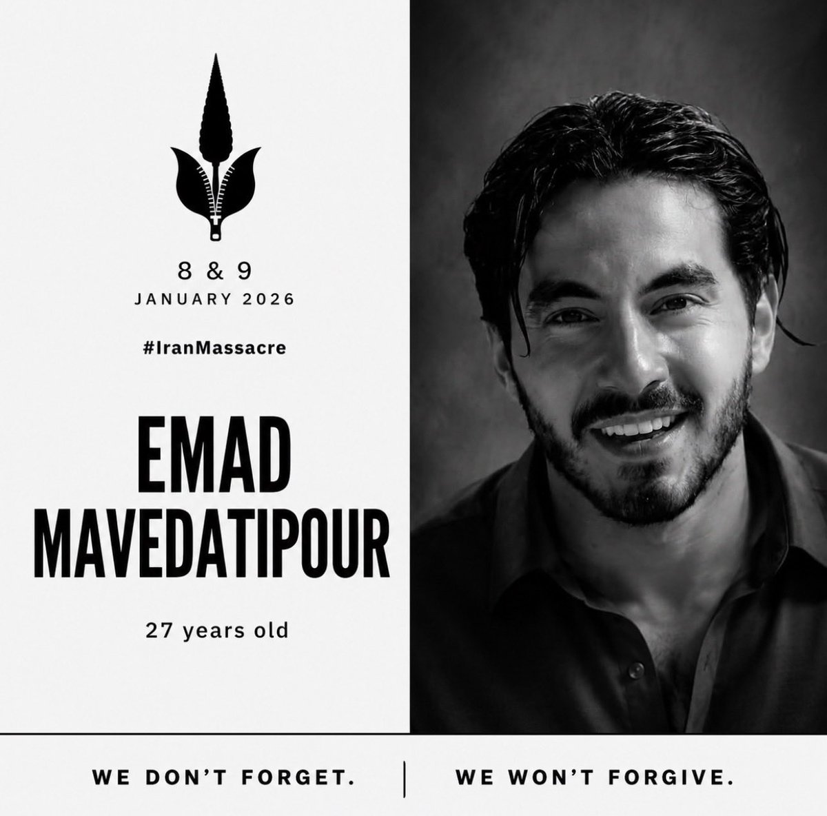 BeMyVoiceIran's tweet photo. #RememberJan8And9
My name is Emad Mavedatipour.
I was 27 years old, a teacher, an athlete, and a vegetarian. I was preparing to immigrate to Germany and begin a new chapter of my life, while still dreaming of peace and freedom for the country I loved, Iran.
I had dreams. I had hope. I had my whole life ahead of me. The Islamic Republic’s forces took all of that away when they shot me in the back during the January 2026 massacre in Iran.

Please share my story so the world knows about the #IranMassacre.
#عماد_مودتی_پور