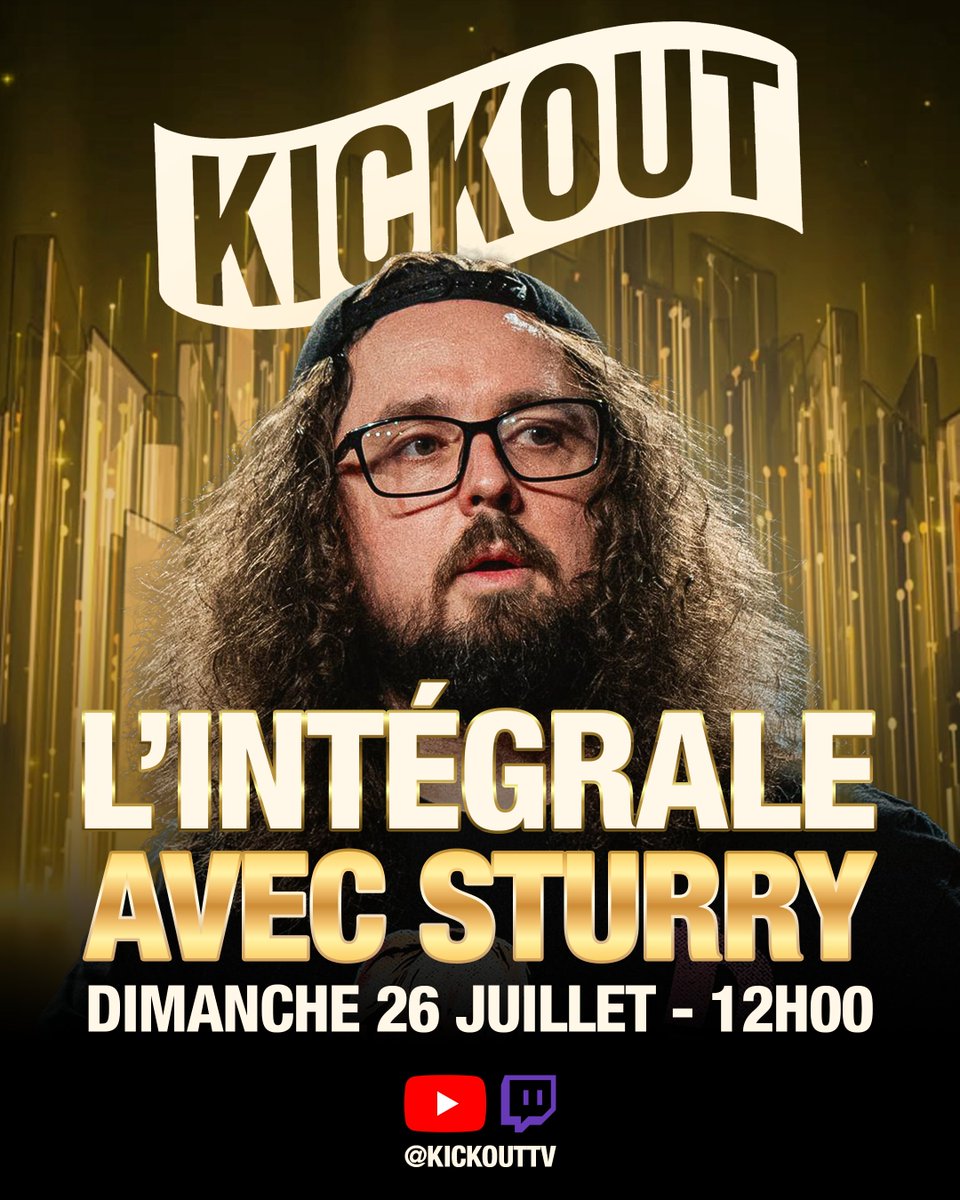 Kickout_TV's tweet photo. 🚨🚨🚨🚨🚨

Le dimanche 26 juillet 2026 à 12h, nous vous proposerons sur YouTube et Twitch L'INTÉGRALE AVEC STURRY !

Un rendez-vous à ne manquer sous aucun prétexte !

🎨 @eriiclive https://t.co/xqTJqhHIIg