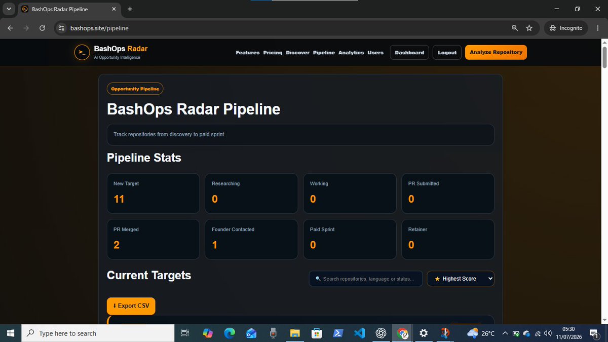 bashops_dev's tweet photo. Manual testing is finally done.

Repository analysis ✔️

Opportunity Finder ✔️

Pipeline ✔️

Dashboard ✔️

GitHub Action ✔️

Public API ✔️

Mobile ✔️

Now comes the harder part:

Finding the first developers who get real value from it.

Try it here:

https://t.co/dhBGW5VJHt https://t.co/CfVSe81khC