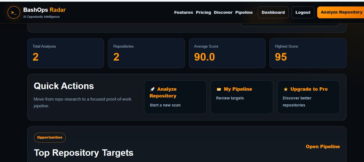 bashops_dev's tweet photo. Manual testing is finally done.

Repository analysis ✔️

Opportunity Finder ✔️

Pipeline ✔️

Dashboard ✔️

GitHub Action ✔️

Public API ✔️

Mobile ✔️

Now comes the harder part:

Finding the first developers who get real value from it.

Try it here:

https://t.co/dhBGW5VJHt https://t.co/CfVSe81khC