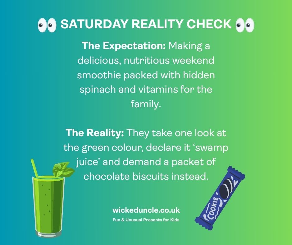 WickedUncle's tweet photo. You spend ten minutes blending fruit, sneaking in spinach and convincing yourself you've cracked healthy family snacking. The kids take one sip, announce it tastes like pond water, and somehow negotiate their way to chocolate biscuits instead. 🍪😂

#KidsWillBeKids #WickedUncle https://t.co/MEk3QpKSCZ