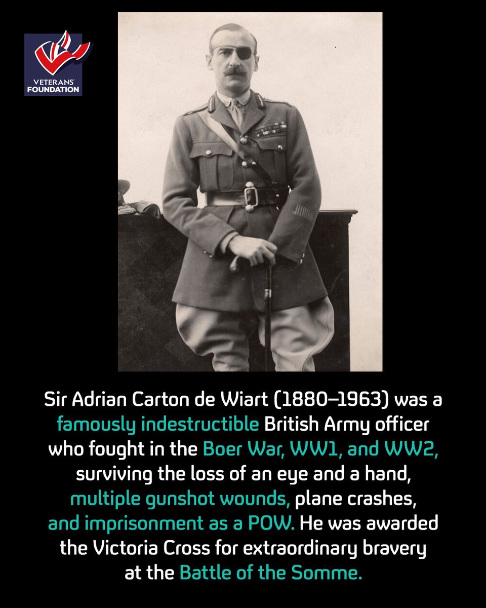 VeteransFdn's tweet photo. Join us in remembering Lieutenant General Sir Adrian Carton de Wiart, one of Britain's most extraordinary soldiers.

Serving in the Boer War, the First World War and the Second World War, he was wounded countless times, losing his left eye and left hand, yet repeatedly returned to active service. Awarded the Victoria Cross for his exceptional bravery, he became renowned for his resilience and determination in the face of overwhelming odds.

Reflecting on his remarkable military career, he famously wrote: "Frankly, I had enjoyed the war."

His story is one of unwavering courage, remarkable endurance and an unbreakable commitment to service. His legacy continues to inspire generations of those who have served and those who remember their sacrifice.

Lest We Forget. 🌺

Photo: National Portrait Gallery (NPG x45273), photograph by H. Walter Barnett, public domain (via Wikimedia Commons).