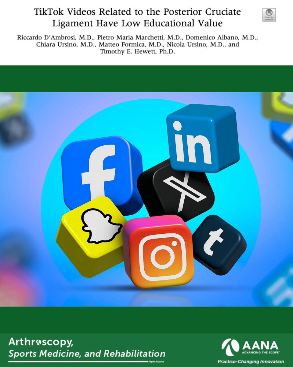 ArthroscopyJ's tweet photo. More on social media. Not everything on your For You page is evidence-based. This study found PCL-related TikTok videos have low educational value.
https://t.co/lXI7wmKUac
 #TikTokStudy https://t.co/JTy2PT9SIG