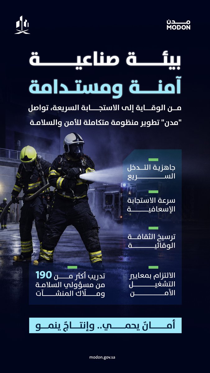 modon_ksa's tweet photo. بجاهزيةٍ مستمرة وثقافةٍ وقائية راسخة، تواصل “مدن” تعزيز منظومة الأمن والسلامة؛ لبيئاتٍ صناعية أكثر أمانًا واستدامة. https://t.co/d4tErTQKZ6