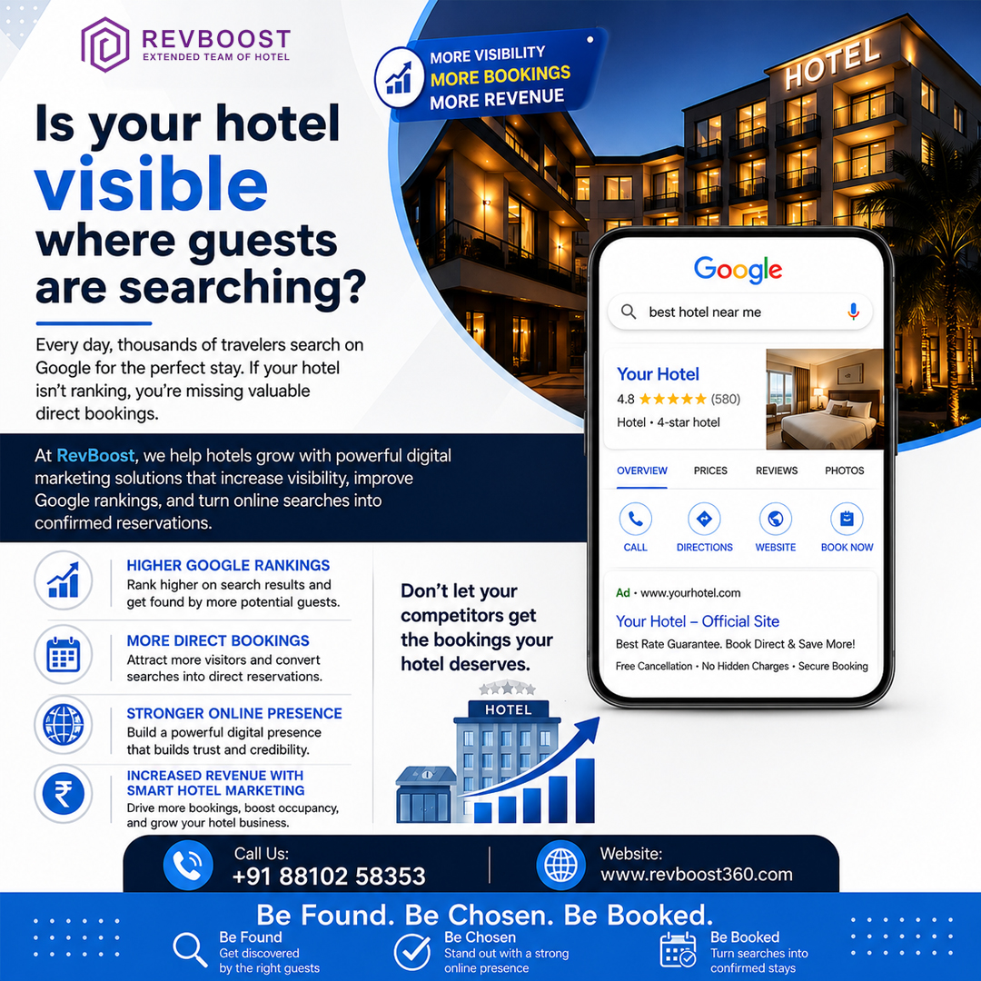 revboost360's tweet photo. Is your hotel visible where guests are searching?
Every day, thousands of travellers search Google for their next stay. If your hotel isn't ranking, you're losing valuable direct bookings.
#HotelSEO #HotelMarketing #GoogleBusinessProfile #DirectBookings #HotelGrowth #Hospitality https://t.co/e4AKmAyvKe