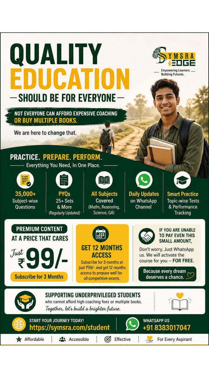 symsra's tweet photo. Our ambition matters more than your budget. Affordable for all. Free for those who truly need support.
๐ https://t.co/gbaDgUROMn
#symsraedge #competitiveexams #SSC #rrb #bankingexams #ExamPreparation #EducationForAll #AffordableLearning #studentsuccess #practiceprepareperform https://t.co/W1YZXl8IdL