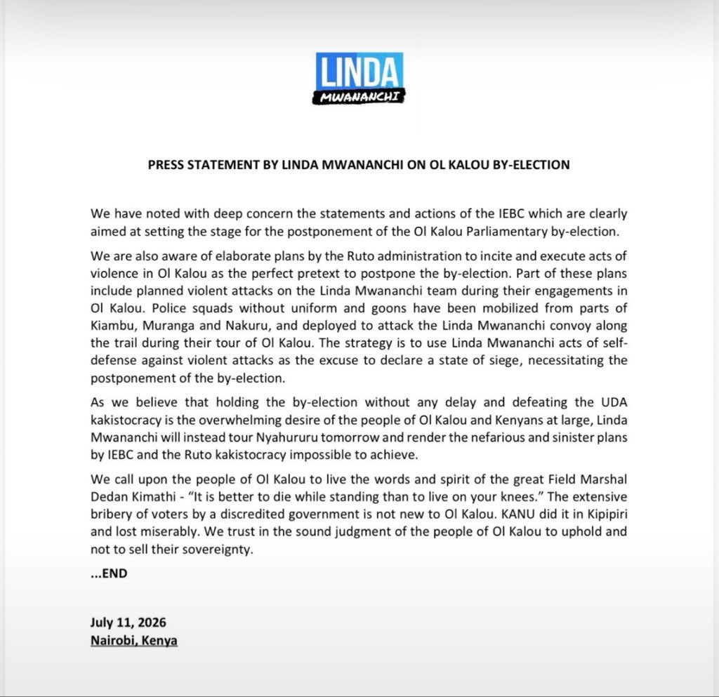 jimNjue_'s tweet photo. Linda Mwananchi confirms!

Goons had been planned to attack them in Ol Kalou and use the violence as a pretext to Postpone the election.

Once again, Gachagua has been vindicated. https://t.co/PPjh3vy6Aa