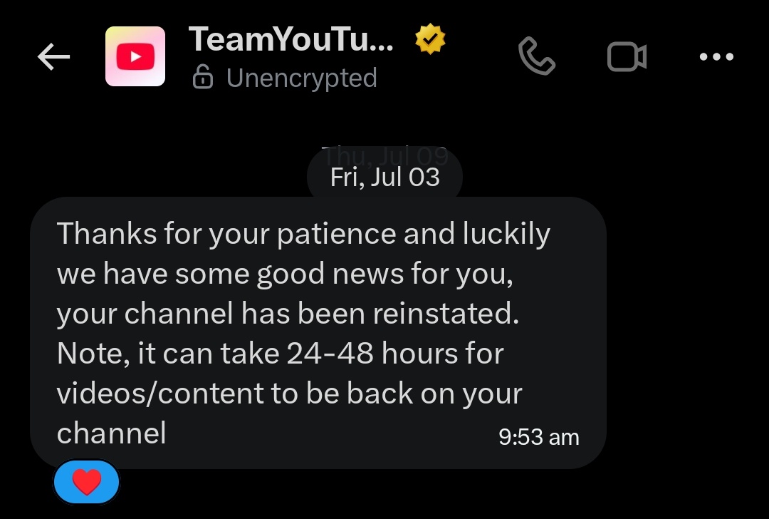 XFaxon's tweet photo. Thank you so much @TeamYouTube for manually reviewing my case and restoring my channels. 🙏❤️ I've sent an important follow-up DM regarding my remaining channels. Since the original enforcement was reversed, I'd really appreciate it if you could take a look at my latest DM
Thanks https://t.co/4XOE9nLvha