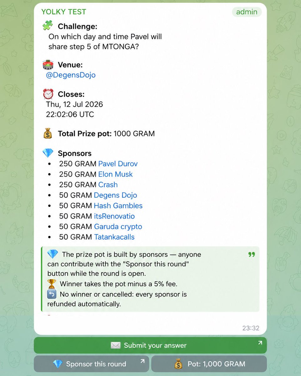 YOLKYtheEGG's tweet photo. GM Grammers around the world☀️

Yolky Dev update 
We’ve been building behind the scenes, and next to free rounds, admin paid rounds and entry rounds,  today we’re excited to introduce Sponsored Rounds! 

And to make payments even more smoother we added a mini app section👀

Any Telegram community can now create a fair, transparent contest using YolkyBot

🎯 Predictions
❓ Trivia
📊 Polls
🏆Or any challenge your community can think of

Anyone can sponsor the prize pool, with every contribution displayed live in the chat for full transparency.

🤝And because fairness matters:
If a round is cancelled or no winner is drawn, all sponsors are refunded automatically. No manual actions. No trust required.

One more step towards making community engagement fun, transparent, and rewarding.

Looking into the future a sponsored round could be looking like below👀

🤔Which Telegram community should try Sponsored Rounds first?

@DegeneraTON @HashGambles @GarudaKripto @NativeTatanka @its_renovatio @durov @elonmusk @ton_blockchain @the_daily_ton @CrashiusClay69 @telegram @0xdamx
