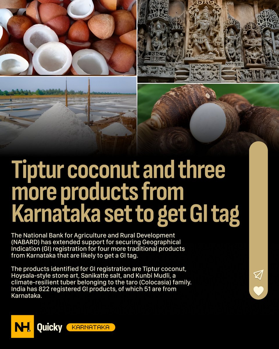 NewsHamster1's tweet photo. Four more Karnataka products are on track to receive the prestigious GI tag.
From Tiptur coconut to Hoysala stone art, the state's rich heritage could soon get global recognition.
#Karnataka #GITag #GeographicalIndication #TipturCoconut #Hoysala #HoysalaStoneArt #SanikatteSalt #KunbiMudli #NABARD #MadeInKarnataka #IndianHeritage