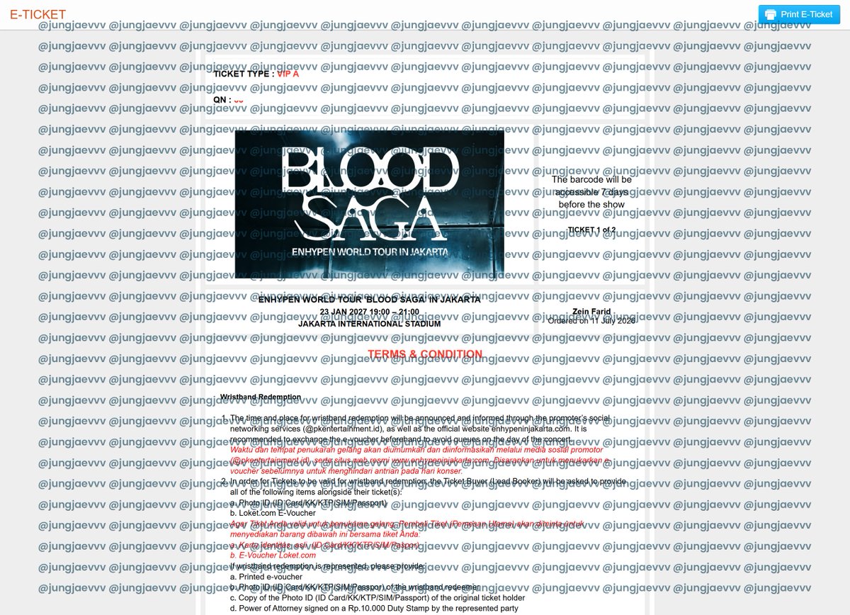 jungjaevvv's tweet photo. ≽ WTS ENHYPEN WORLD TOUR 'BLOOD SAGA' IN JAKARTA ≼

♡ VIP A - 2 ticket only
♡ 4.40.000 / each
♡ qn : 6* (2 digit)

only serious buyer, aku move vip b yaa

t. wts wtb #EN_WORLDTOUR_BLOODSAGA #BLOODSAGA_IN_JAKARTA #zonauang https://t.co/2NDM3VPakJ