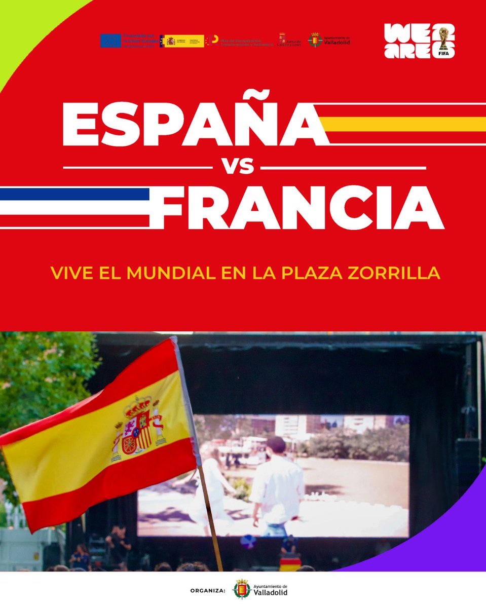 infoVLL's tweet photo. ¡España ya está en semifinales! 👏🏻️

El próximo martes 14 de julio tienes una nueva cita para apoyar a la @SEFutbol. Te esperamos en la Plaza Zorrilla para seguir en pantalla gigante el partido entre Francia y España.

🎉 Desde las 19:30 h disfruta de la animación previa.
📺 A las 21:00 h, vive el partido en directo.

¡A por la final! 🤩

Gestión del perfil financiada por la Unión Europea a través de los fondos NextGenerationEU, dentro del Plan de Recuperación, Transformación y Resiliencia.