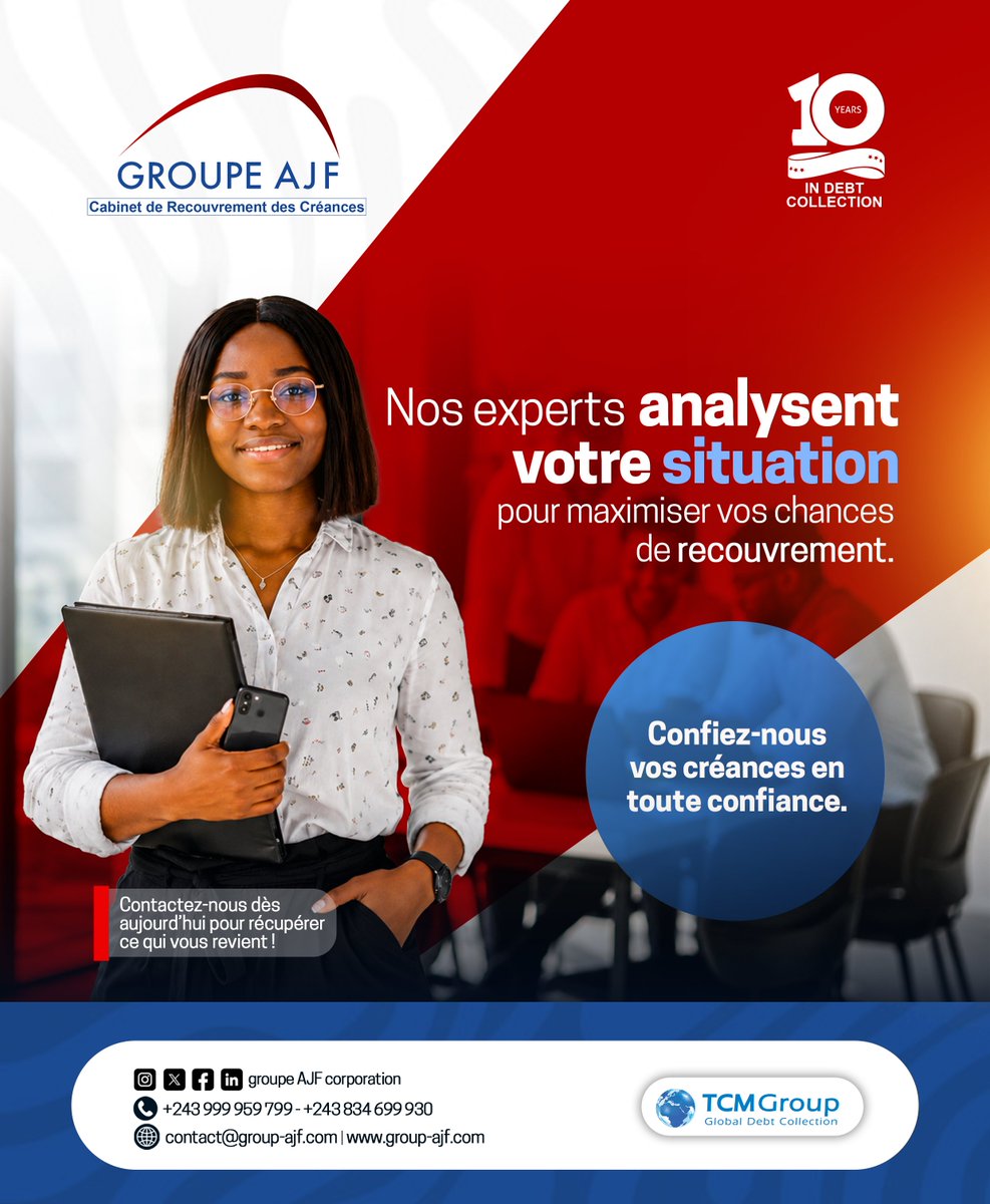 GroupeAjf's tweet photo. Chez Groupe AJF, nos experts analysent chaque dossier avec rigueur afin d'élaborer la stratégie de recouvrement la plus efficace.
Que vous soyez une entreprise, une institution ou un particulier, nous mettons notre expertise à votre service pour maximiser vos chances de récupérer ce qui vous revient.

👉 Besoin d’accompagnement ? Nos experts sont là pour vous aider.

#recouvrementdescréances #debtcollection #BusinessRDC #Entrepreneuriat #Finance #Gestion #Créances
