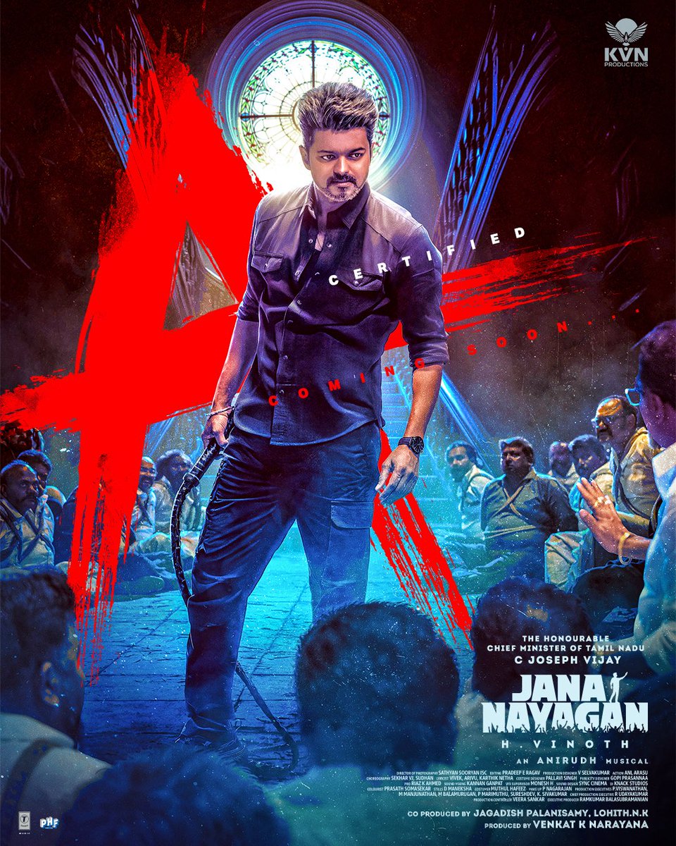 agscinemas's tweet photo. See you soon in theatres nanba &amp; nanbis ❤️

#JanaNayaganCensoredA 💥

[Hon’ble Chief Minister C Joseph Vijay, Pooja Hegde, Bobby Deol, Mamitha Baiju, Prakash Raj, Gautham Vasudev Menon, Priyamani, Narain, Nassar, Sunil, H. Vinoth, Anirudh Ravichander]

#JanaNayagan #CMJosephVijay https://t.co/3D9jcYJzlf