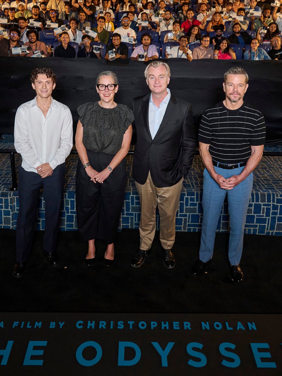 HELLOmagIndia's tweet photo. #ChristopherNolan, #MattDamon & #TomHolland surprised fans at #TheOdyssey's 1st-ever #India premiere in #Mumbai, marking the only fan screening on the film's global promotional tour where the cast greeted audiences. #HELLOIndia #HELLOMagazine #ComingSoon #MustWatch https://t.co/8b2icwViR0