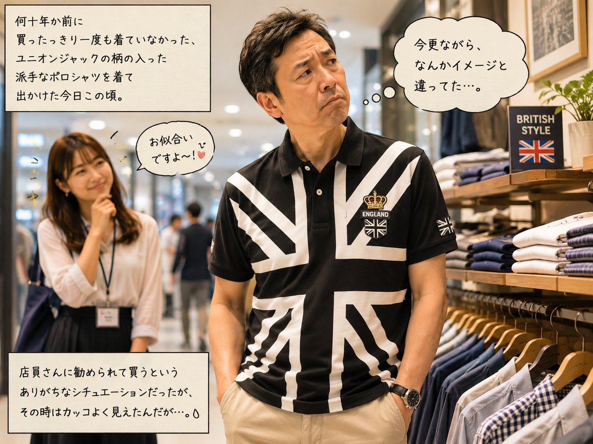 MultiReflection's tweet photo. 何十年か前に買ったっきり一度も着ていなかった、ユニオンジャックの柄のはいった派手なポロシャツを着て出かけた今日この頃。

今更ながら、なんかイメージと違ってた…。
店員さんに勧められて買うというありがちなシチュエーションだったが、その時はカッコよく見えたんだが…。
#素晴らしき日常 https://t.co/Hrvmpro0Wy
