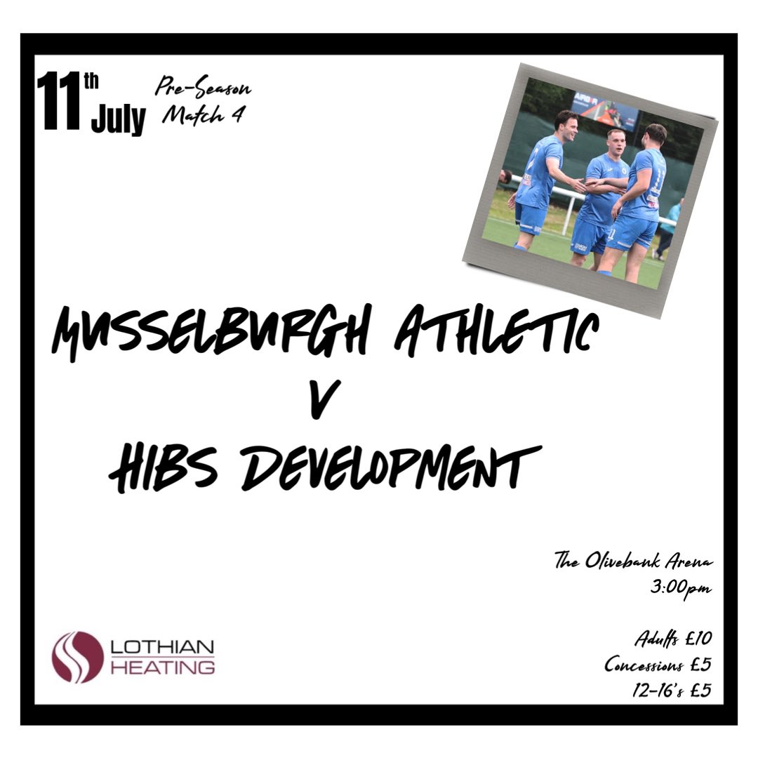 MusselburghAth's tweet photo. TODAY’S MATCH

📅 11/07/26
🆚 Hibs Development 
📍 The Olivebank Arena
🏆 Pre-Season Match 4
⌚️ 3:00pm
🕧 Open from 2pm
💷 Adults: £10 Concession & 12-16: £5
👨‍👩‍👧‍👦 U12s FREE with paying adult

A return to The Arena this afternoon as we take on a Hibernian Development team in our fourth pre-season fixture. 

With just two weeks to go until the season gets underway this will be another good chance to get valuable minutes across the whole squad.

#MonTheBurgh 💙