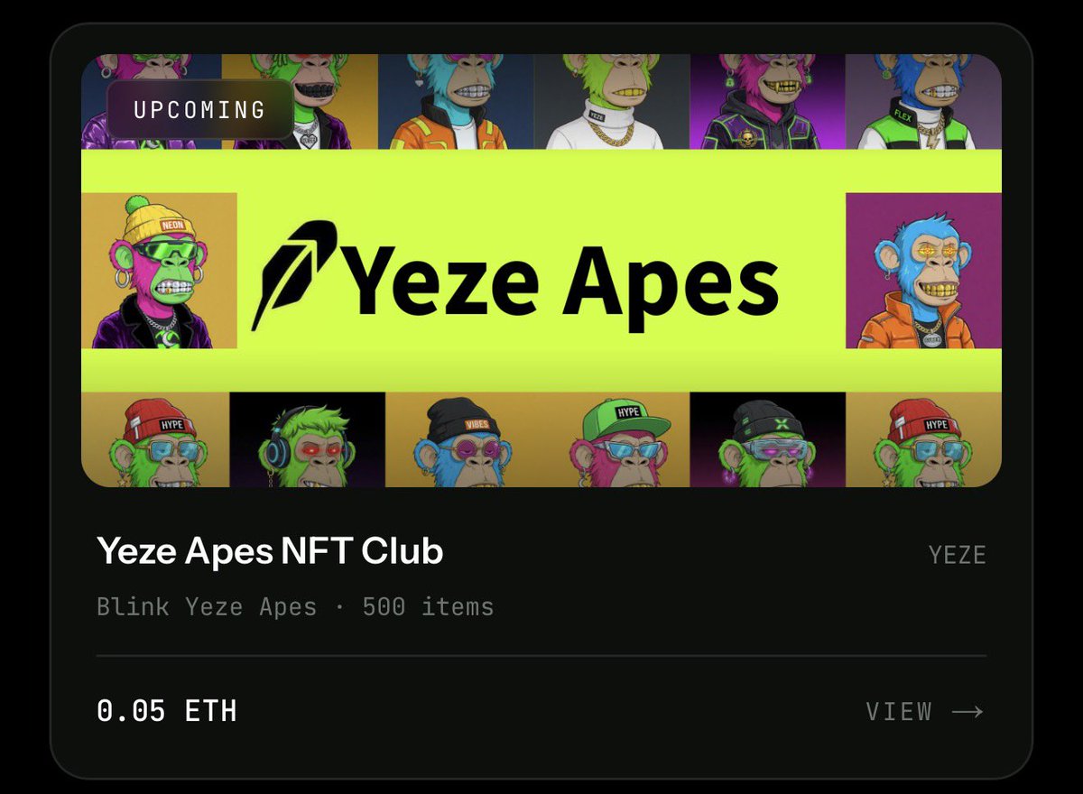 YezeApe's tweet photo. 🚨 YEZE APES OFFICIALLY LIVE ON @robidyapp 🐒💎

Yeze Apes NFT Club just dropped the application. 500 premium apes on Robinhood Chain.

💚 Whitelist Mint: 0.05 ETH
🐋 Public Mint: 0.1 ETH

Real degens know what time it is. Heavy bling, real utility, and early alpha for holders.

How to secure WL:

•  Comment your wallet address below
•  RT + Follow @YezeApe
•  Tag 2 degen friends who need to eat

Biggest buyers & active community members get priority WL spots.

🐋This one’s for the whales. Retail can watch.

#NFT $HOOD