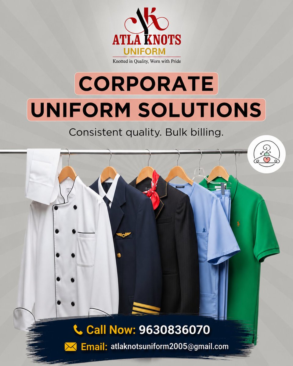 AtlaUni's tweet photo. Your team’s appearance is the first impression your brand makes. Atla Knots Uniform delivers premium.
 
Call : 9630836070 
Email : atlaknotsuniform2005@gmail.com 

#AtlaKnotsUniform #CorporateUniforms #ProfessionalWear #Workwear #UniformManufacturer https://t.co/RQN2ZUNJey