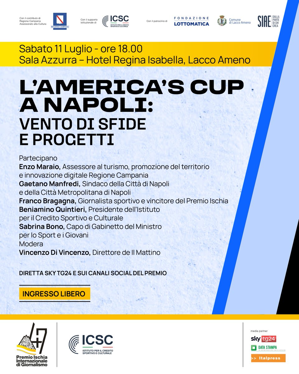 PremioIschia's tweet photo. #PremioIschia47 Alle 18:00 “L’America’s Cup a Napoli: vento di sfide e progetti” #americascup https://t.co/8ywER5WcKV