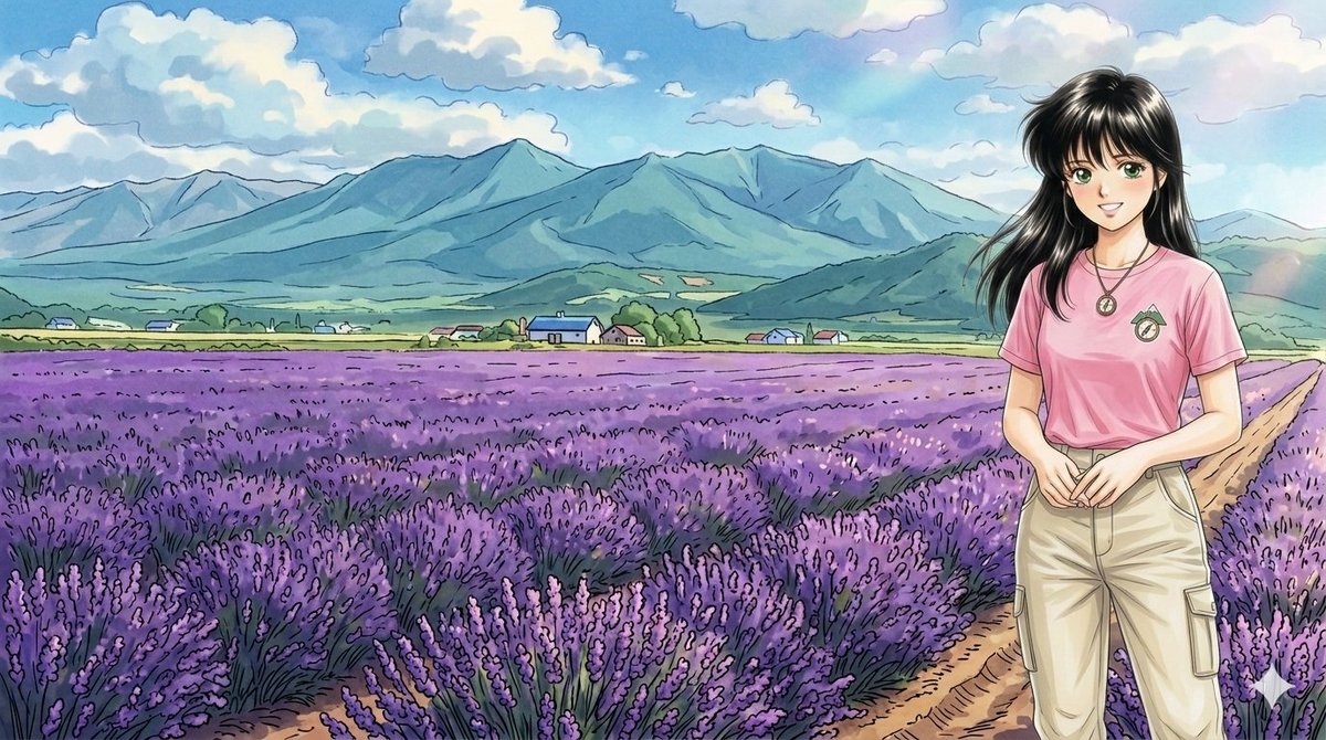 盛夏日，阿圓在北海道富良野，富田農場的薰衣草園拍照留念。 ​真夏の日