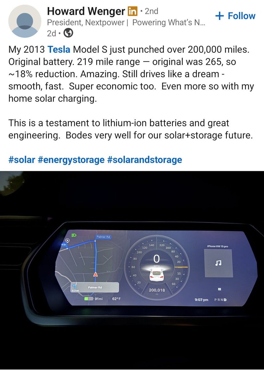 TeslaClubIN's tweet photo. 2,00,000 miles in 2013 Tesla Model S on original battery 🔋

Still getting about 82% of original range after 13 years! https://t.co/TKF8AHKmKp