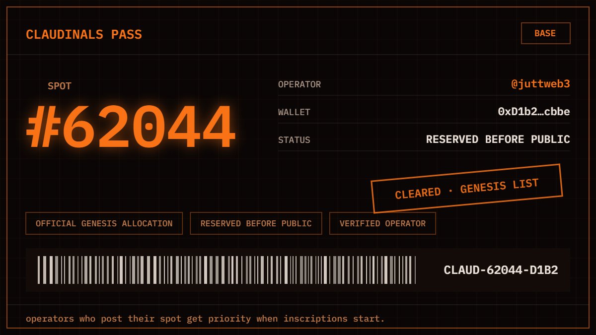 juttweb3's tweet photo. spot #62044 secured on the @claudinals genesis list — the B20 Inscription Protocol on Base 🟠 https://t.co/IpotVDruNM