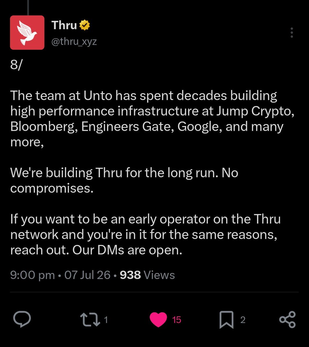 mztacat's tweet photo. Introducing Thru ( @thru_xyz ) currently in Alphanet Phase;
Recently raised $14M in an undisclosed round with participation from Tier1 VCs

Thru: A high-performance L1 built by Unto Labs, which is focused on ultra-fast transactions and low latency.  It runs on ThruVM, a custom VM built on the RISC-V instruction set (same open standard used outside crypto in chips from NVIDIA, Qualcomm, etc.)
-- Pros
It lets developers write on-chain programs in C, C++, Rust, or any LLVM-supported language

I dug deep into the Founders and Team, and here's what I found;

Liam Heeger ( @CantelopePeel ) is the Founder of @thru_xyz:
   - Ex-Core Engr. at Jump Crypto where he built Firedance (Jump Solana Validator Client). He was also a Software Engr. at Framework Labs

According to a few sources [e.g https://t.co/wusodjw9JE ] Liam was sued by Jump Crypto ( where he previously worked), saying;
    -+ He signed an employment agreement which includes non-compete obligations
    -+ In September 2024, Jump also claimed that he was already pitching Investors for his own startup, @untolabs of which they also claimed he raised $2.5m at a $50m Valuation.
    -+ In November 2024, He resigned from Jump Crypto and fully locked in on Unto Labs.
Around Feb. 2025, Jump Crypto and Liam came to a settlement [https://t.co/Gy8gvMKfAx]

\\
Will Yoo [ @yoowon ], moved to SF in Jan 2025 to co-found Unto Labs with CantelopePeel of which they've been doing a great job together. He is a Business and Operator minded person.

Vitalik also recently proposed and mentioned the idea of switching the EVM to RISC-V from the long-term roadmap of Ethereum thread.

Thru is actively building in stealth mode. I plan to participate in activities [] and sent a couple of messages as per their tweet [yet to receive a reply]; will keep tabs on activities

What I'm currently doing/ planning to do;
  - Study the docs and come up with extended docs guides for Developers.
  - Discord is currently closed; can't follow up with announcements closely
  - Testing out nodes.
  - Will also create guides on Dev-toolchain and how to use its MPC and buidling something out of it.

   - Docs:      https://t.co/73fIeDScLf
   - Explorer: https://t.co/GmPQgcdsEA
   - Website: https://t.co/oWk2ZafRge

Lastly, Don't farm; show up with technical questions or builds!!
Nothing is promised here; if you're in for the tech just like me, then PUSH! 🪭