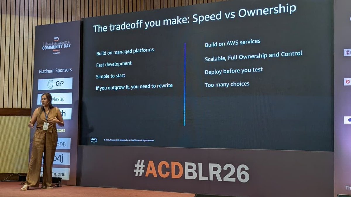 awsugblr's tweet photo. Praneeta Prakash is presenting "Build Opinionated Backends Using Infra from Code," showcasing how AWS Blocks helps developers build production-ready backends with reusable infrastructure patterns.

#ACDBLR26 #AWSCommunity #AWSBlocks #Cloud #Builders https://t.co/8gwel0YDQa