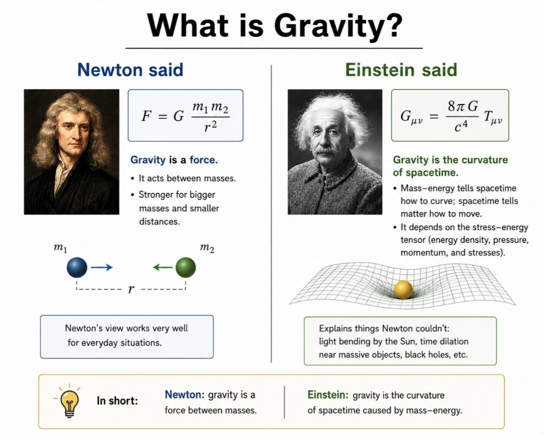 cosmosarcive's tweet photo. What is gravity?

Newton explained gravity as a force that attracts objects toward one another. His ideas accurately describe everything from falling objects to the motion of planets and remain essential in science today.

Einstein later introduced a deeper perspective. Instead of treating gravity as a force, he showed that mass and energy reshape the fabric of spacetime, causing objects to move along its natural curves.

Newton's theory is remarkably accurate for everyday life. But Einstein's explains the universe on its grandest scales, revealing why light bends around massive objects, why time passes more slowly in strong gravitational fields, and how black holes can exist.
