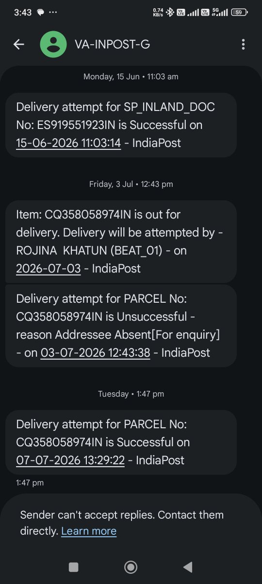 huzans17's tweet photo. @IndiaPostOffice This is incorrect. The article is still undelivered. The postwoman repeatedly delays deliveries and updates tracking inaccurately, causing unnecessary inconvenience. Please verify the facts and take strict action against the concerned staff for negligence. https://t.co/JtWgbahANR