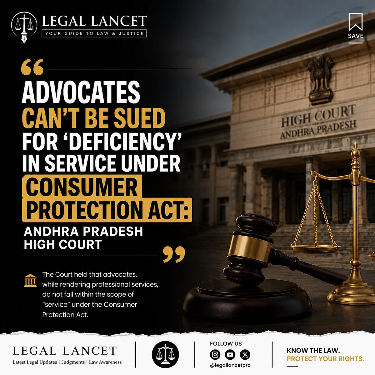 LegalLancet's tweet photo. @ajeetbharti Advocates Can't Be Sued For 'Deficiency' In Service Under Consumer Protection Act: Andhra Pradesh High Court https://t.co/xBxwi9Z0VZ
