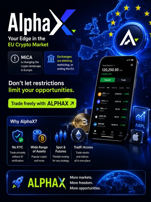 DeepDiveNolan's tweet photo. Feels like every month another exchange changes something for EU users

More restrictions
More KYC
Fewer assets
I've been exploring AlphaX lately since it still supports spot, futures and TradFi products without mandatory KYC
How are other EU traders adapting?

#MiCA #CryptoEurope #AlphaX