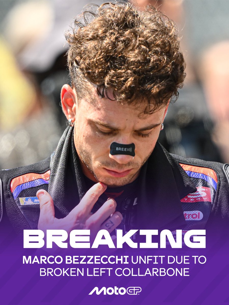 MotoGP's tweet photo. BREAKING 🚨 Marco Bezzecchi will miss the #GermanGP after sustaining a broken left collarbone

Wishing you a speedy recovery, Bez! 💪❤️

#MotoGP https://t.co/4Ps4DYA1KQ