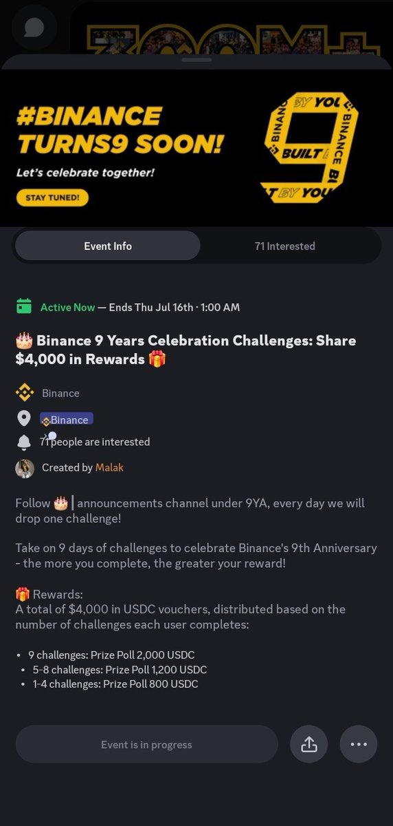 Hausa_Hub's tweet photo. Binance na murnar cika shekaru 9 da kafuwa tare da kyautar $4,000 USDC ga masu shiga challenges a Discord.

✅ Shiga Binance Discord ✅ Kammala challenges na kullum ✅ Ka yi ƙoƙarin kammala 9/9 domin samun babban rabo.

Lada za a raba ne tsakanin waɗanda suka cancanta.

Link 👇 https://t.co/H5oFJSlmnO