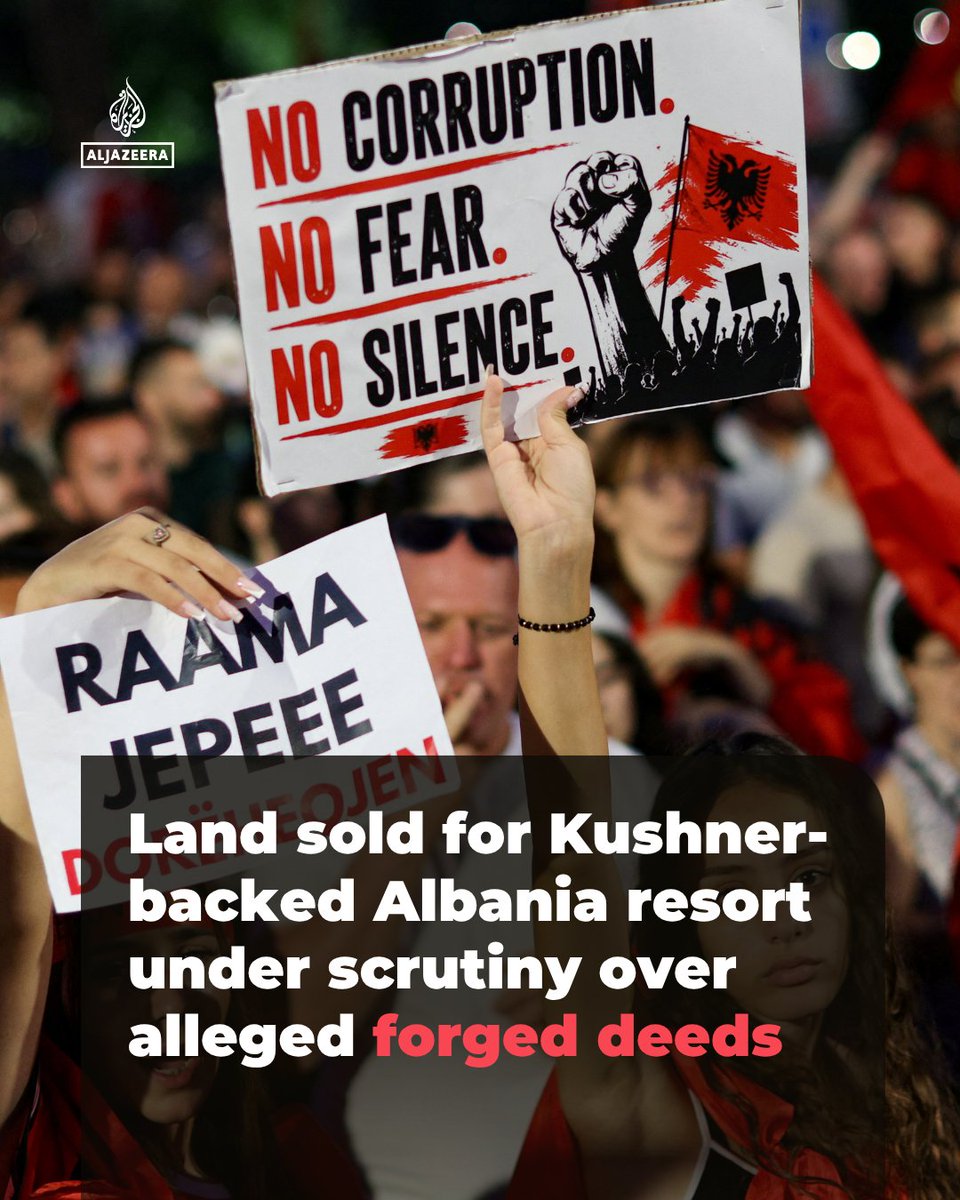 AJEnglish's tweet photo. Albania’s anticorruption prosecution service is investigating whether the deeds to a stretch of protected coastline earmarked for a Jared Kushner-backed resort were forged, according to case files reviewed by the Reuters news agency https://t.co/PPmW9WiZD9 https://t.co/Ogpv4hJhom