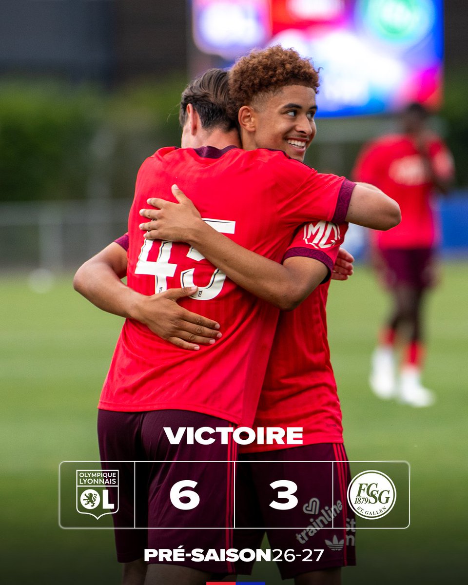 OL's tweet photo. 𝗨𝗻𝗲 𝗻𝗼𝘂𝘃𝗲𝗹𝗹𝗲 𝘃𝗶𝗰𝘁𝗼𝗶𝗿𝗲 𝗽𝗼𝘂𝗿 𝗻𝗼𝘀 𝗚𝗼𝗻𝗲𝘀 🔥

Grâce à un festival offensif, les hommes de Paulo Fonseca s'imposent 6 buts à 3 face au FC Saint-Gall ! 💪🔴🔵

2e succès en 2 matchs de préparation ☑

6-3 #OLFCSG https://t.co/1eEAFj9ITG