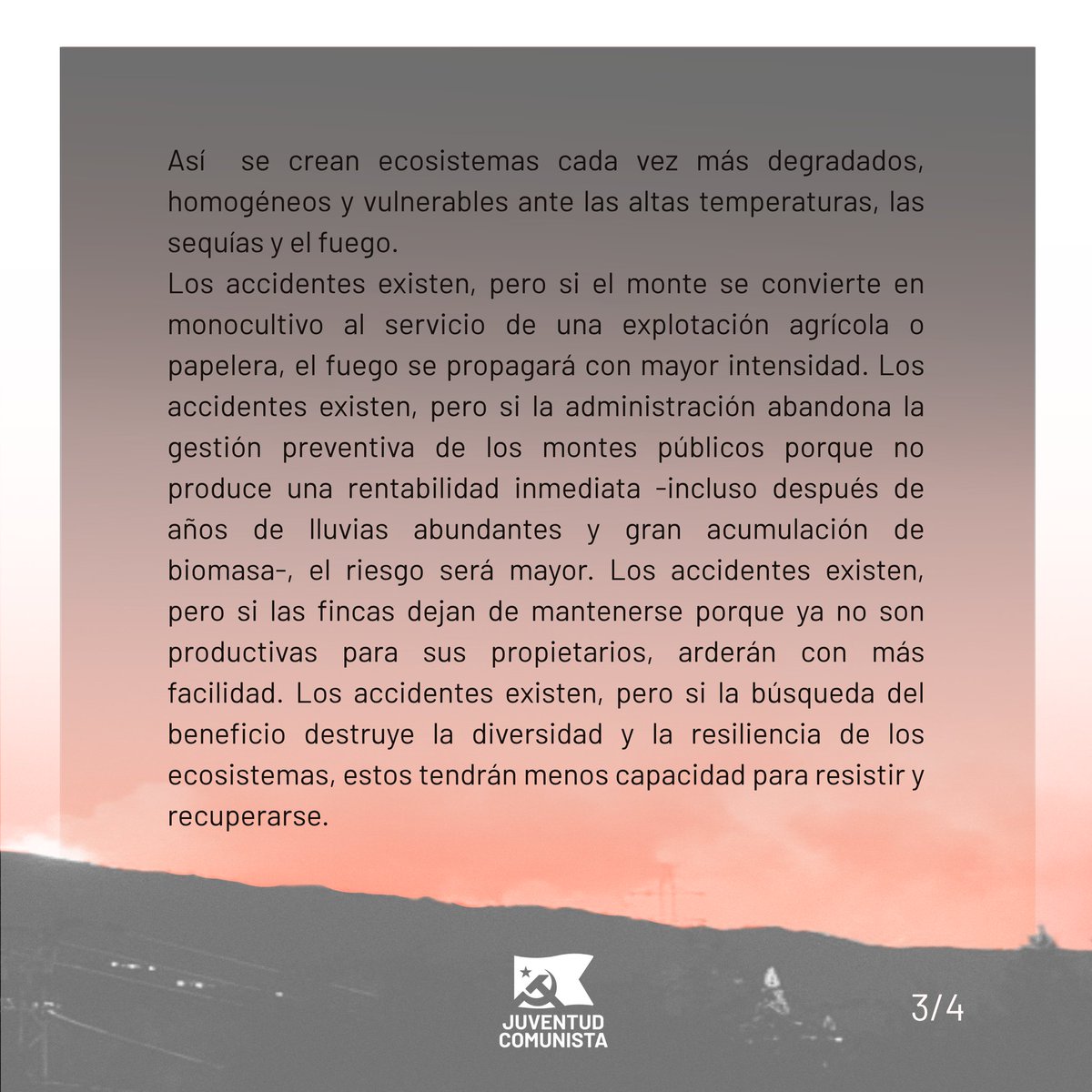 UJCEAndalucia's tweet photo. PARA LUCHAR CONTRA EL FUEGO 
LUCHA CONTRA EL CAPITAL 🚩

El incendio de Almería se produce en un contexto de temperaturas extremas y ecosistemas vulnerados. 

Necesitamos defender los montes hoy para avanzar hacia el control obrero de la producción y de los recursos naturales. https://t.co/yG2m2AEEKD