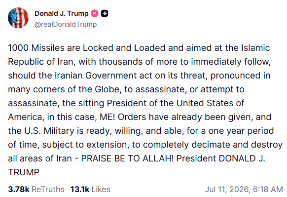 fruskof's tweet photo. LA DERNIERE DEJECTION DU PSYCHOPATHE BIPOLAIRE DE #WHASINGTON 

⚡️ 🇺🇸 1000 missiles sont déjà pointés sur l'Iran, si ceux-ci tentent de me tuer. Louange à Allah ! — Donald #Trump.

Les ordres ont déjà été donnés. Les forces armées américaines sont prêtes, sur une période d'un an, éventuellement prolongée, à démanteler et détruire complètement toutes les régions de l'#Iran.

#USA #Israel #Ormuz #Golfe #MoyenOrient #ProcheOrient 

* * * * * *
PCN-NCP-НОП
🌐 https://t.co/2zi1KX6ugU
Le Parti Communautaire Néo-eurasien.
Pour l'Europe unitaire et communautaire de Vladivostok à Dublin !
America Delenda Est ! Europa, Fortis, Unitate !