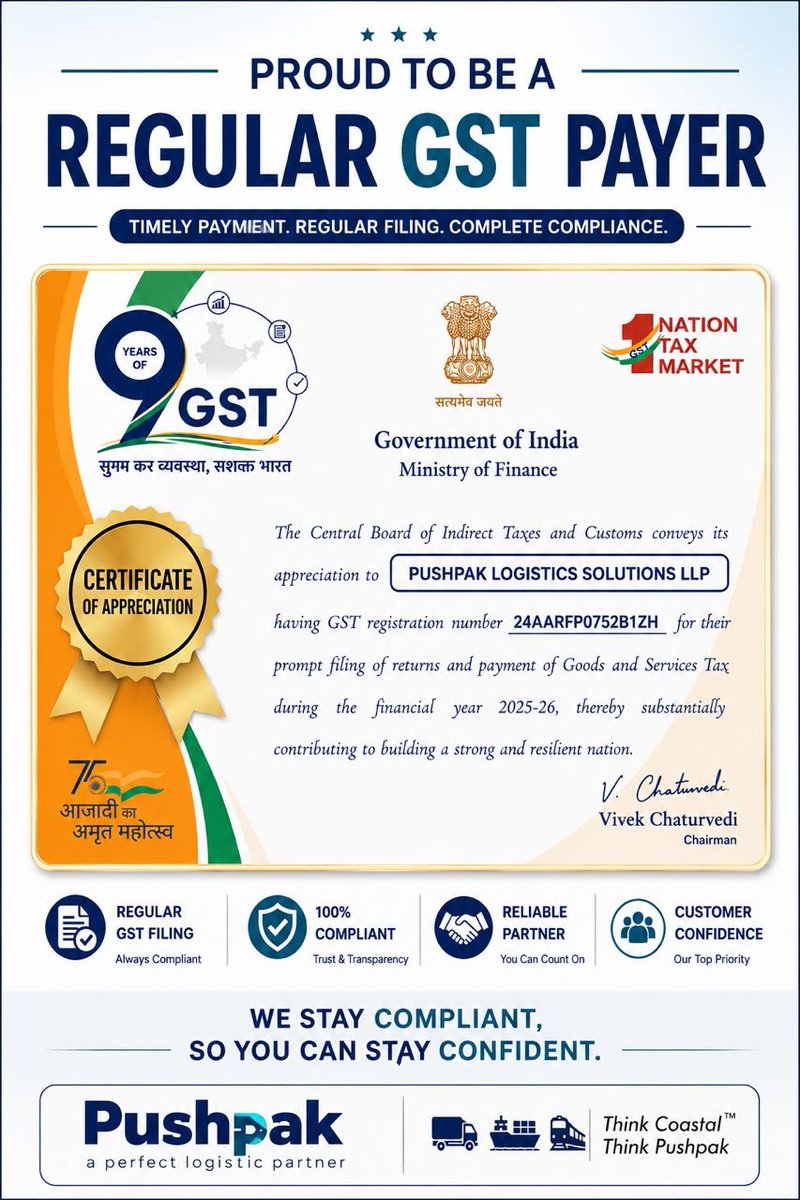 Pushpaklogist's tweet photo. Proud to be a Regular GST Filer 🇮🇳
We Stay Compliant. You Stay Confident.
Think Coastal. Think Pushpak.🛳️ https://t.co/tRFpwJK0Pm
