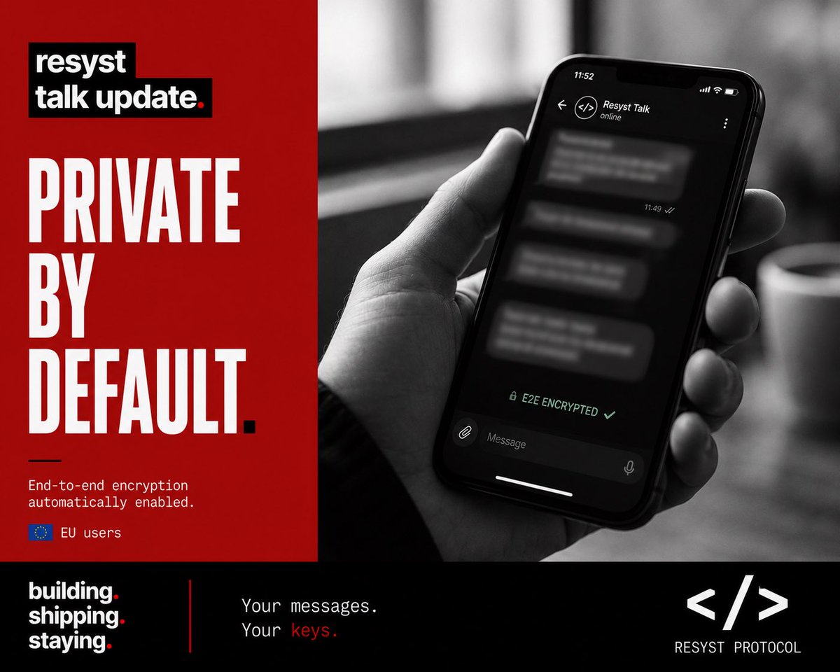 Resystprotocol's tweet photo. Yesterday we explained why we build.

Today we show what we build.

Introducing the new Resyst Talk update.

Private by default.
End-to-end encrypted automatically.

Your messages.
Your keys.

$RSYST https://t.co/HvRM8YmHzW