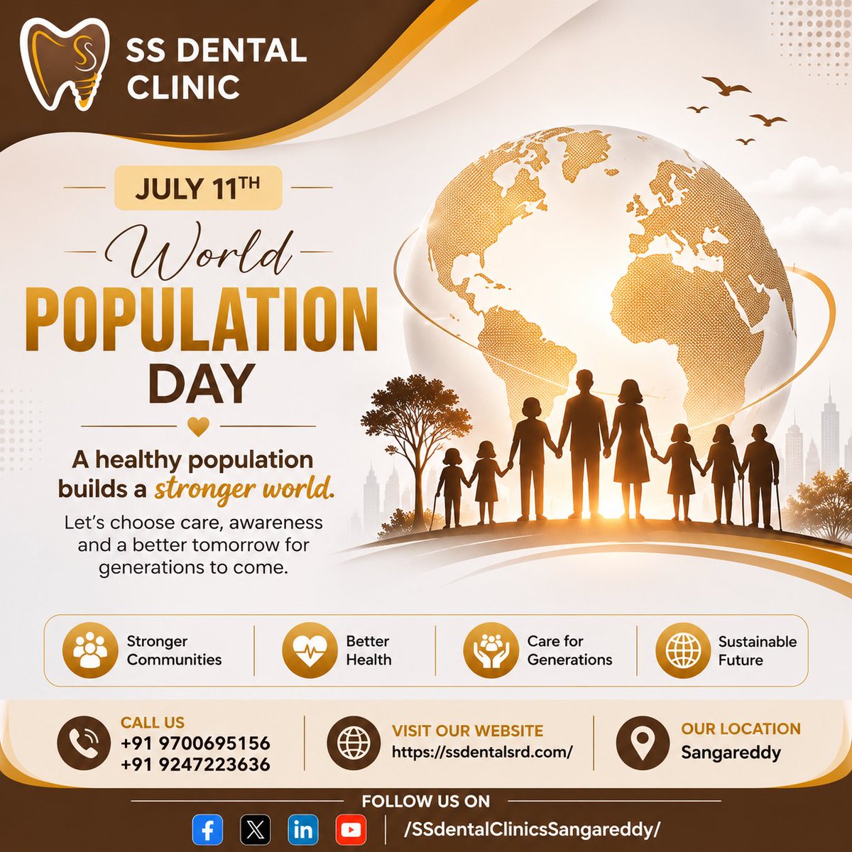 SSDentalClinics's tweet photo. #SSDentalClinic #Sangareddy #WorldPopulationDay #July11 #HealthyPopulation #StrongerWorld #SangareddyDentist #BestDentalClinicSangareddy #DrShivaRamaKrishna #DrShivaratna #HealthcareAwareness #StrongerCommunities #BetterHealth #SustainableFuture #CareForGenerations https://t.co/BaBx8Iu5R8