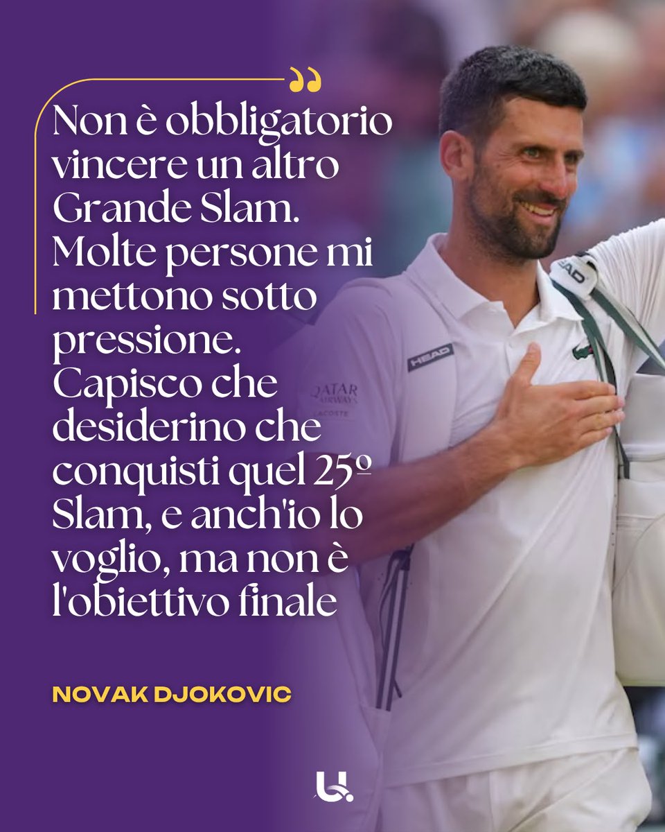 Ubitennis's tweet photo. Dopo la sconfitta contro Jannik Sinner nella semifinale di Wimbledon, Novak Djokovic ha affrontato uno dei temi che da tempo accompagna ogni sua conferenza stampa: la rincorsa al 25° titolo del Grande Slam. Il serbo, incalzato ancora una volta dai media del suo paese, ha ammesso di essere  infastidito dalla continua ossessione attorno a questo traguardo.

🗣"Non è l'obiettivo finale e obbligatorio vincere un altro Grande Slam. Molte persone mi mettono sotto pressione, anche persone molto vicine a me. Capisco che tutti desiderino il 25° Slam, e anch'io lo voglio, ma non è l'obiettivo finale."

🗣"Sta cominciando a infastidirmi perché, in un certo senso, sento di non essere sufficiente per me stesso e gli altri mi impongono un ulteriore peso. Come se 24 Slam non fossero sufficienti e dovessero diventare 25. Come se 100 titoli non bastassero e dovessero diventare 110. Come se 400 settimane da numero uno non fossero sufficienti e dovessero diventare 1.000."

🗣"Celebriamo ciò che abbiamo già ottenuto e siamo un po' più modesti, realistici e riconoscenti. Sono stanco di parlare continuamente di quando arriverà il 25. E se non dovesse mai arrivare? Cosa succederà allora? Significa forse che la mia carriera è stata un fallimento?"

#Djokovic #NovakDjokovic #Sinner #Wimbledon #tennis🎾