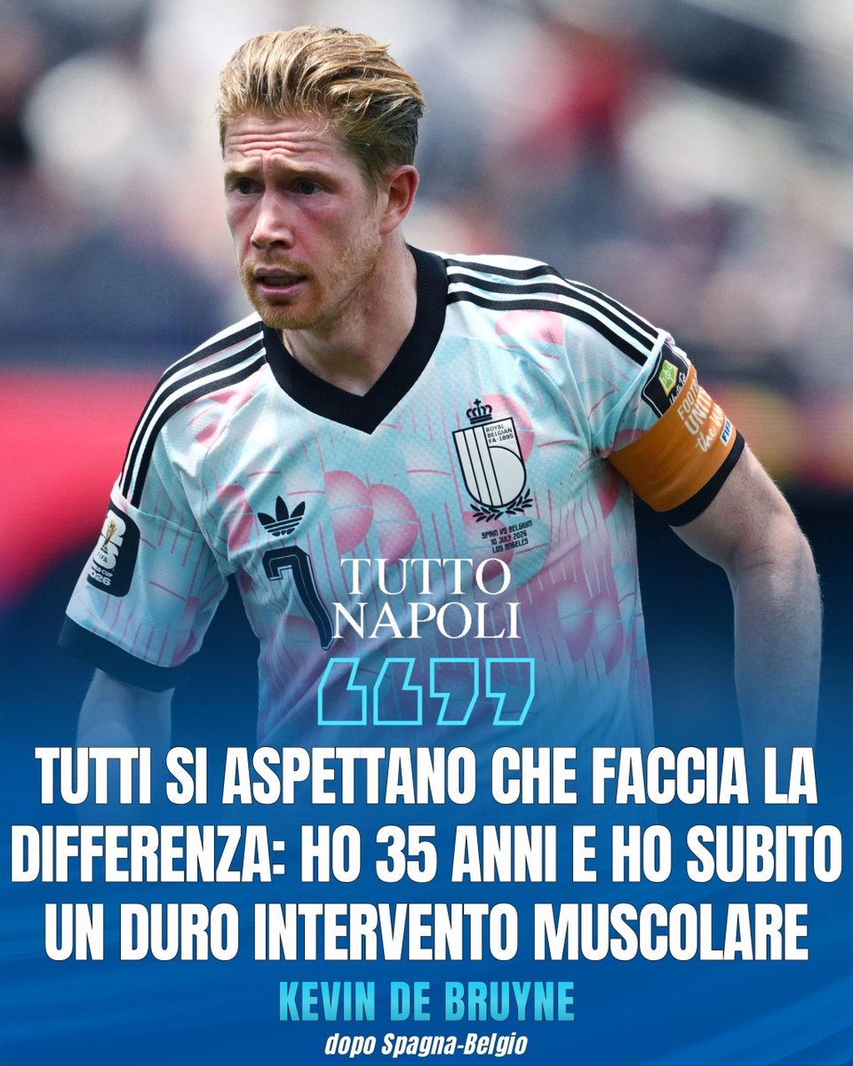 tuttonapoli's tweet photo. Le dichiarazioni di Kevin #DeBruyne dopo la sconfitta del #Belgio a favore della #Spagna nei quarti dei Mondiali 2026 ⚽️ 🇧🇪 

Può ancora determinare a #Napoli il belga? 👇

A VOI I COMMENTI 🔵 https://t.co/GoiCp3q0G6
