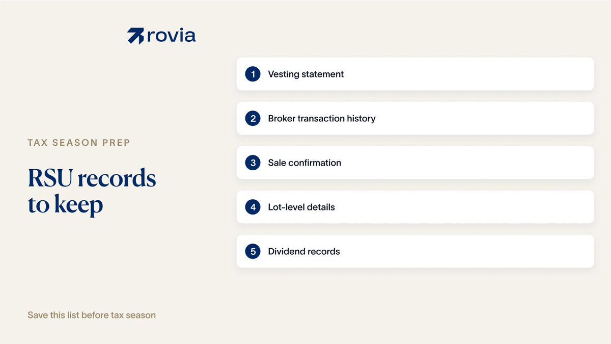 rovia_app's tweet photo. RSU records to keep before tax season: vesting statement, broker history, sale confirmations, lot details, dividend records.

Save them as they happen.

Educational only. Review with your CA. https://t.co/f6Mk4Uk534