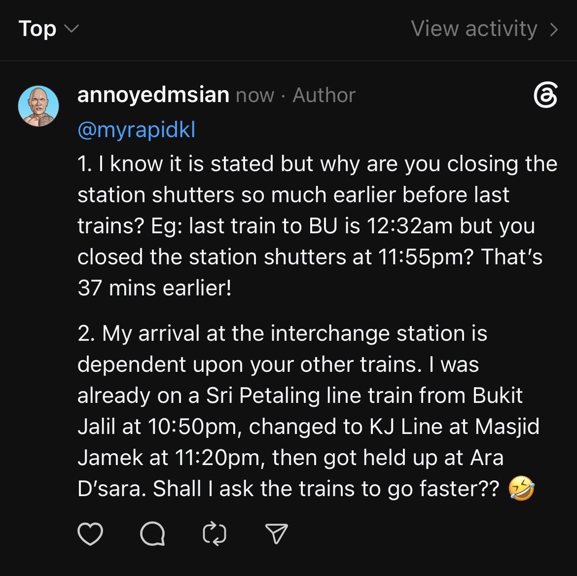 annoyedmsian's tweet photo. RapidKL has replied on Threads guys. But look at their “we can’t do anything it is what it is” reply. Penat lah guys. 🤯 https://t.co/Xut7tOux9i