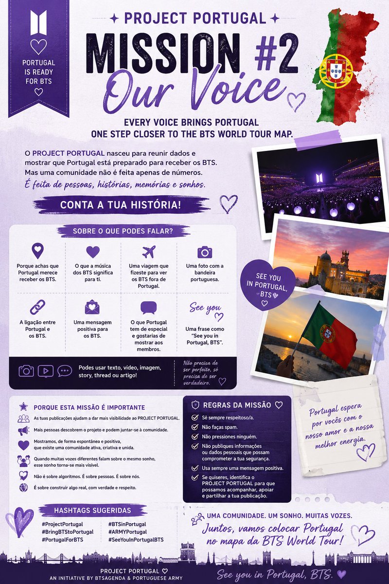 btsagenda_'s tweet photo. 💜 PROJECT PORTUGAL | Mission #2 — Our Voice
Durante esta semana, convidamos todos os ARMY — em Portugal e no estrangeiro — a criar uma publicação sobre Portugal e os BTS.
#ProjectPortugal #ProjectPortugalMissions #BringBTStoPortugal #ARMYPortugal #PortugalForBTS https://t.co/eVSYAWWHSB